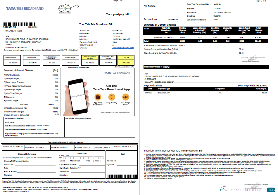 download India Tata Tele Broadband utility bill template in Word and PDF formats, 2 pages PDF template